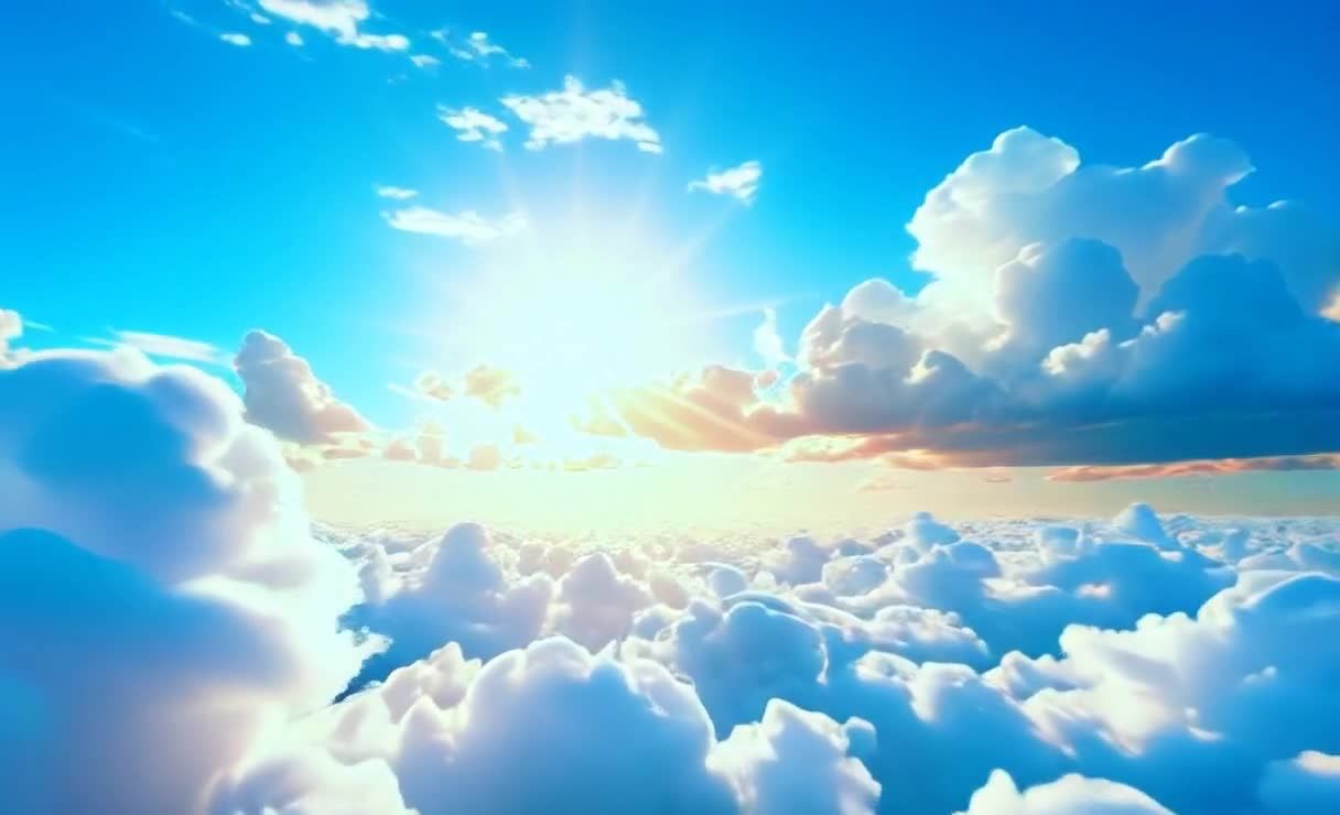 蓝天白云阳光明媚，云朵漂浮景象唯美大气。