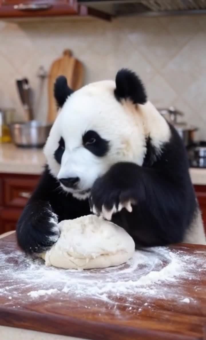 熊猫厨房揉面：萌态可掬做美食，厨艺满分