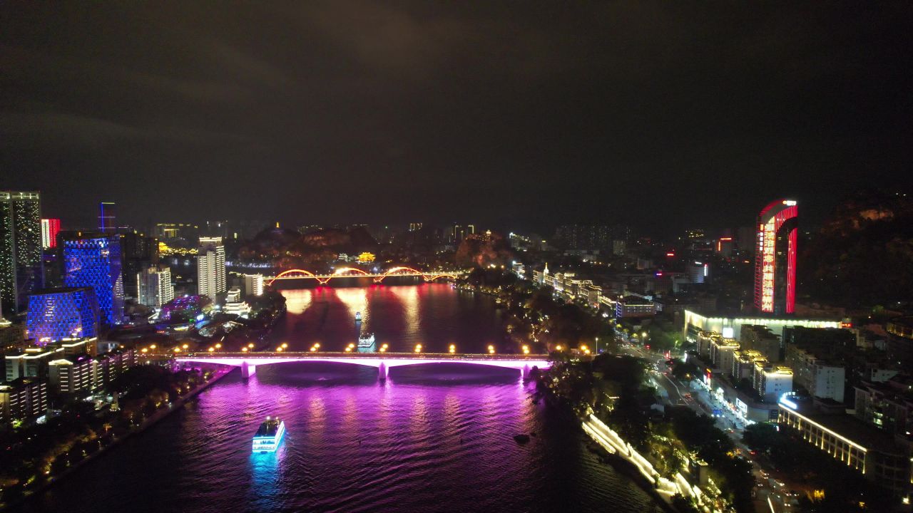 广西柳州柳江桥梁交通夜景灯光