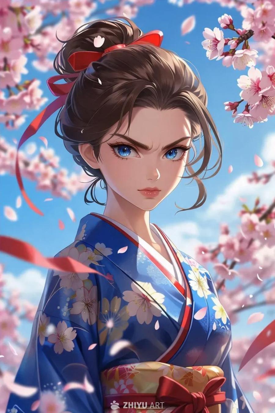 卡通场景中，一位女性身穿传统浴衣，棕色头发上系着红