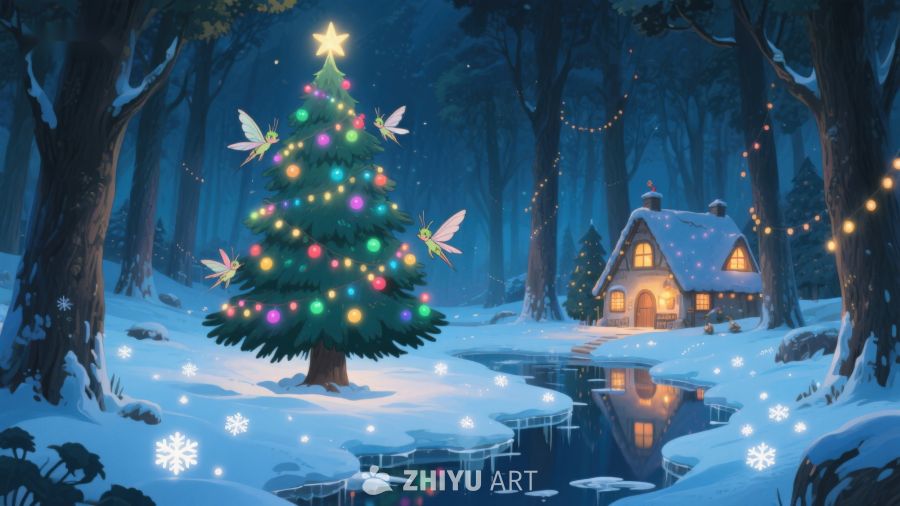 冬夜森林中的圣诞树与小屋 42