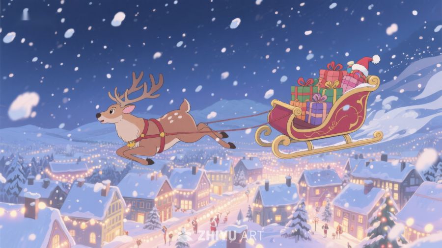 雪夜驯鹿拉着满载礼物的雪橇飞过小镇 486