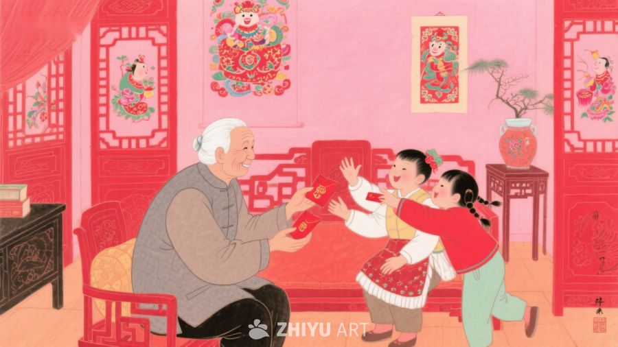 长辈赠红包，孩童喜迎新年 1260