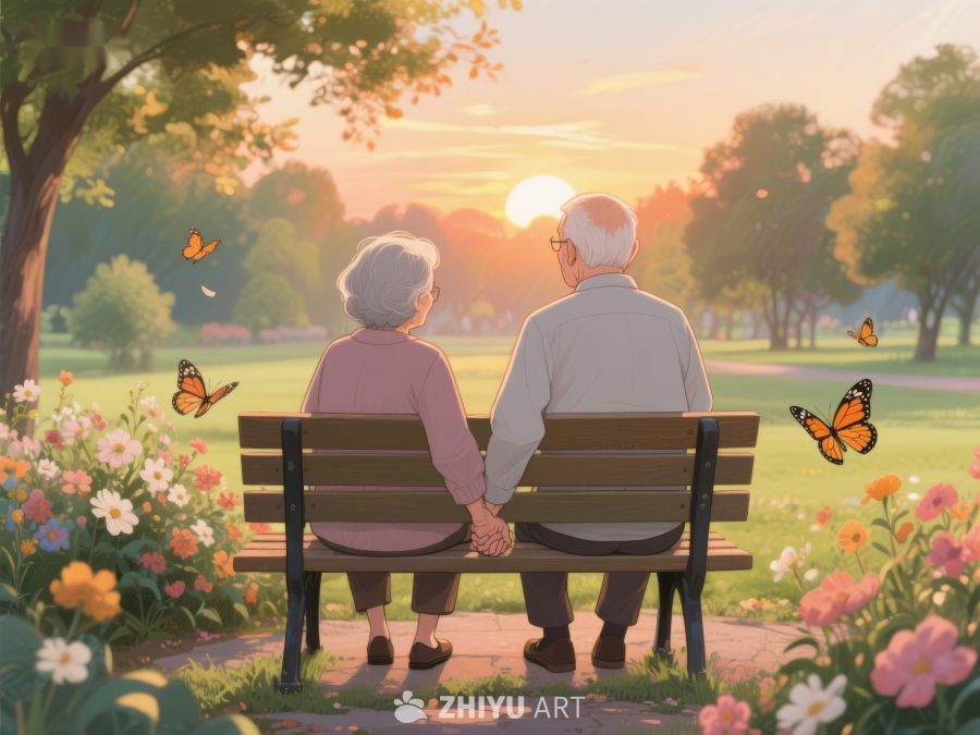 夕阳下公园长椅上的老夫妇 939