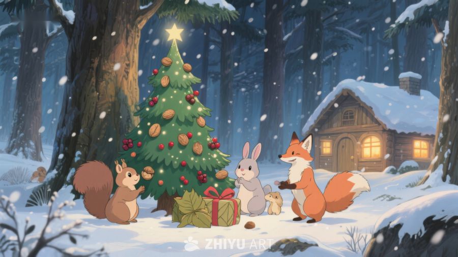冬日森林里的圣诞树与动物 9