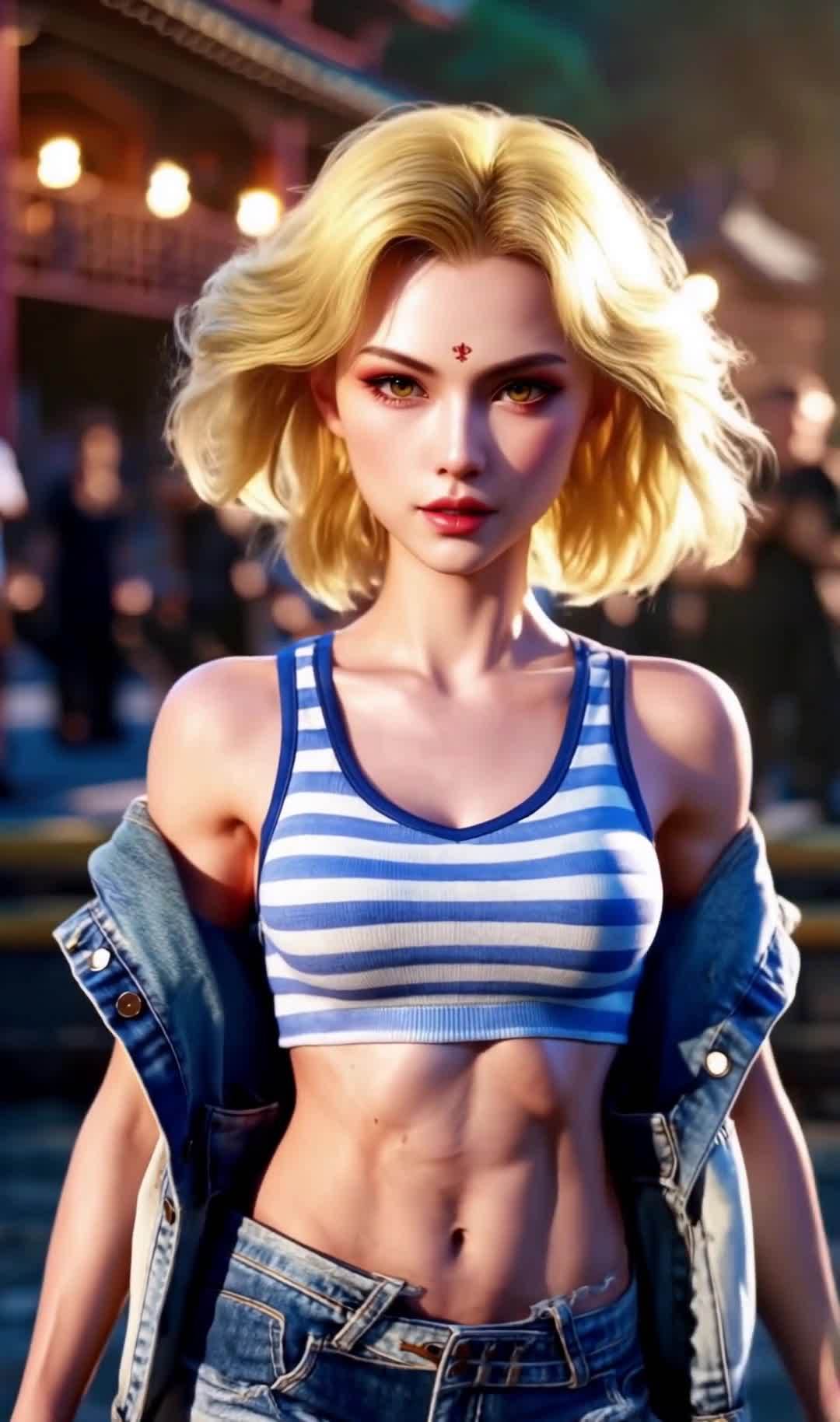 金发女性，额头红点，露脐装，牛仔外套，街拍。