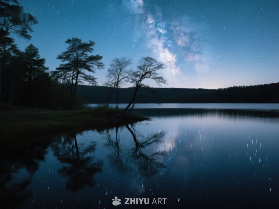 夜空银河映湖面，树影婆娑静谧景 423