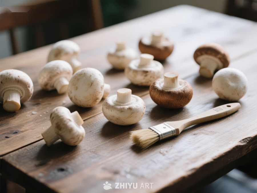 木质桌上的蘑菇与刷子 201