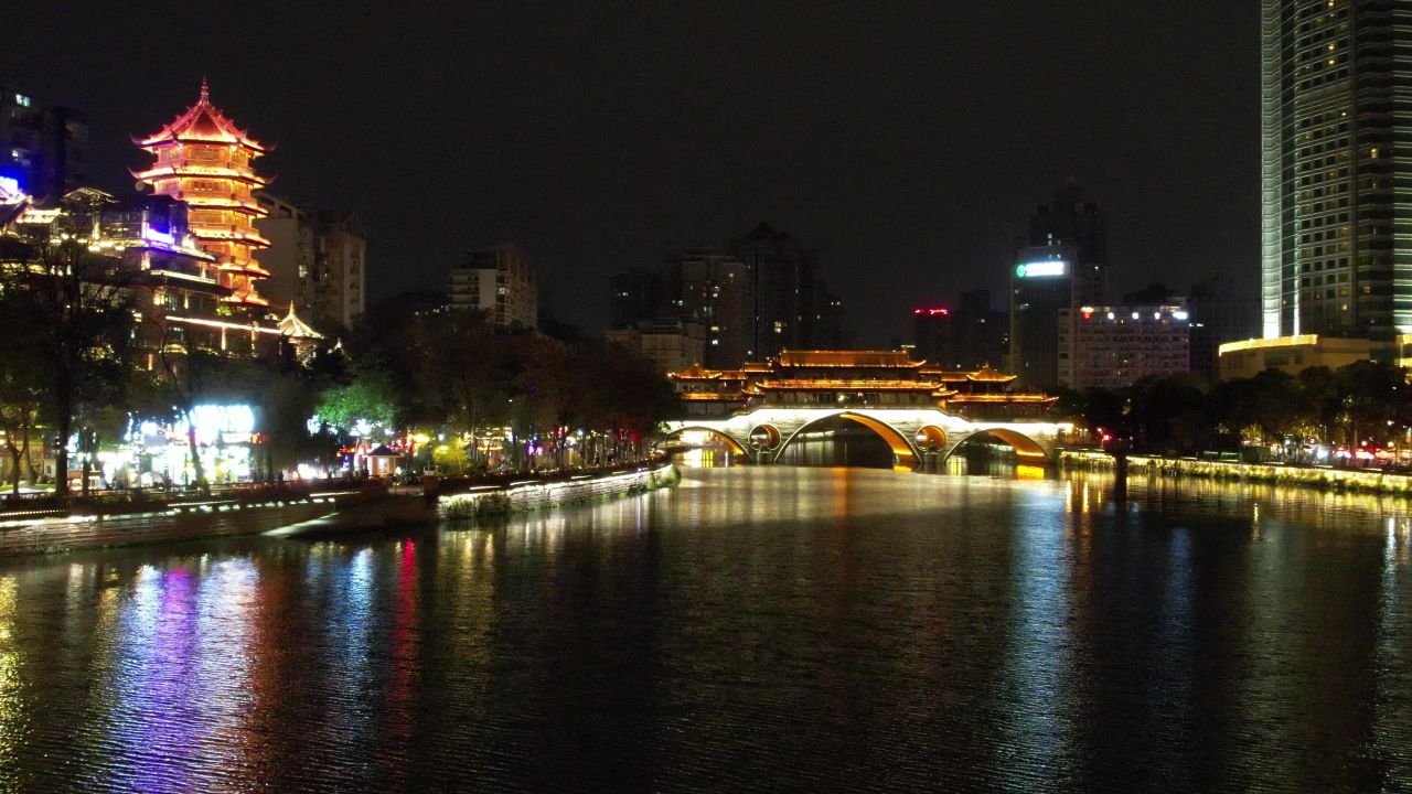 成都安顺廊桥夜景灯光航拍