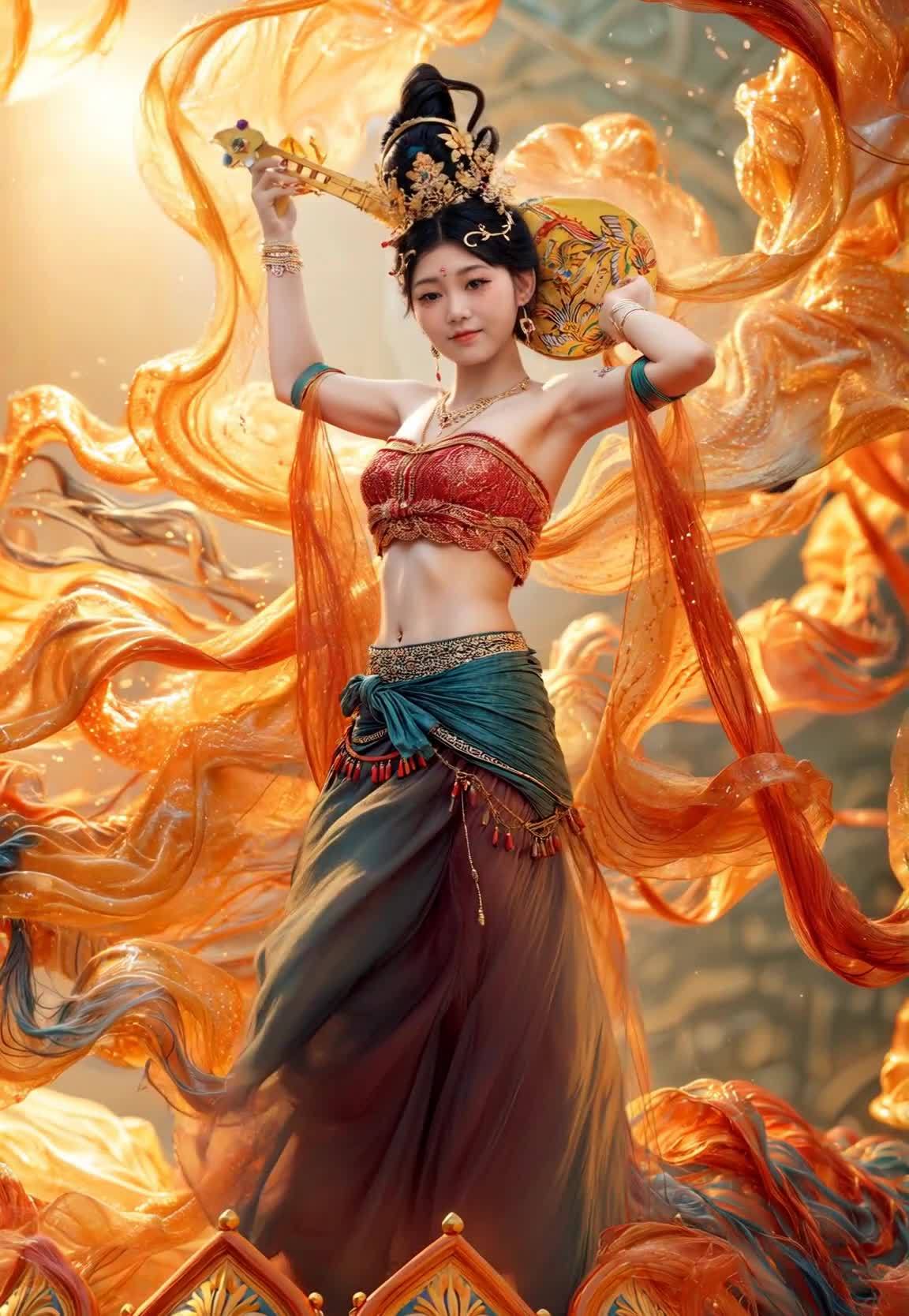 持乐器的东方女子与金色飘带