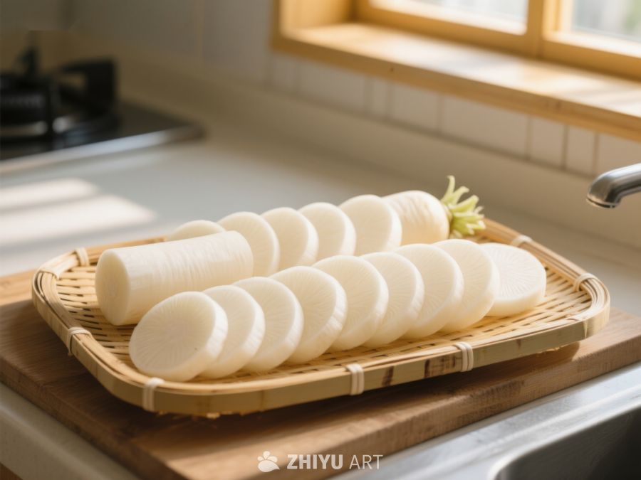 切片萝卜置于竹篮中 300