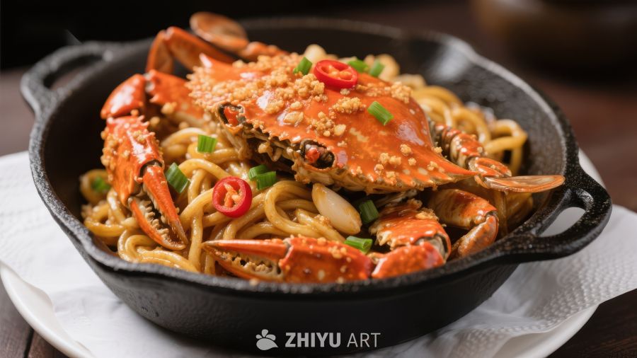 香辣蟹炒面，美味海鲜料理