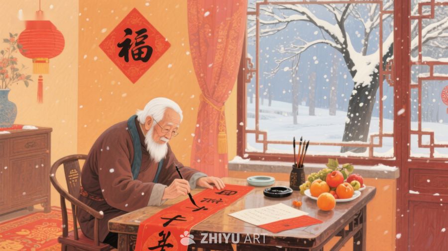 老人室内书写春联，窗外雪景映衬 625
