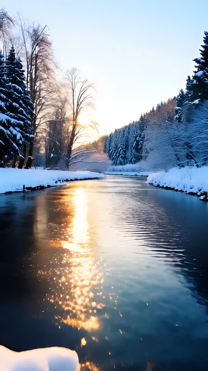 河流被白雪覆盖，河岸边的树木也被积雪压弯。太阳倒映
