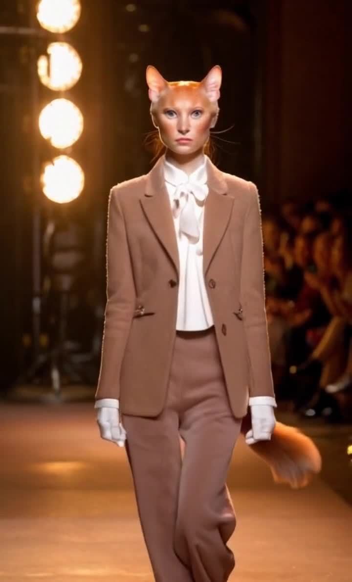 猫头人身的模特正在T台上行走。她穿着香奈儿风格的女