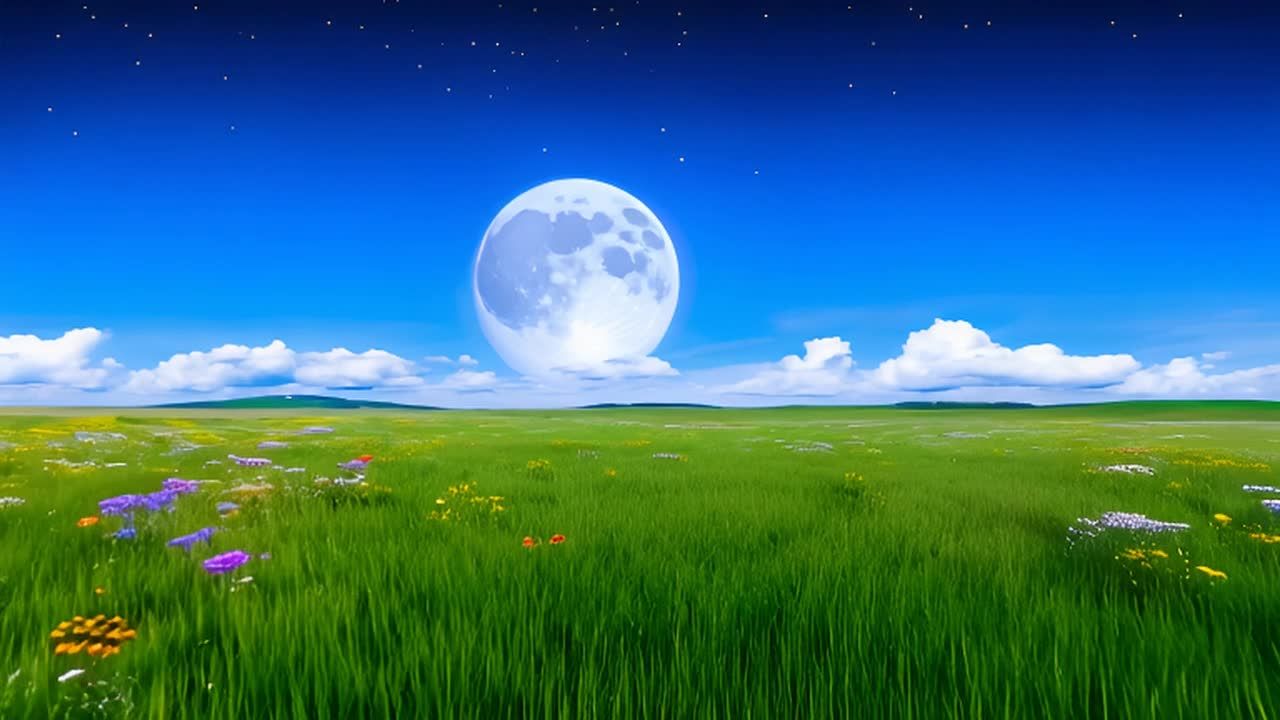 在明亮的满月下，一片绿色的草地上开满了鲜花。夜空中