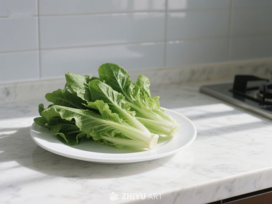 新鲜生菜置于厨房台面 522