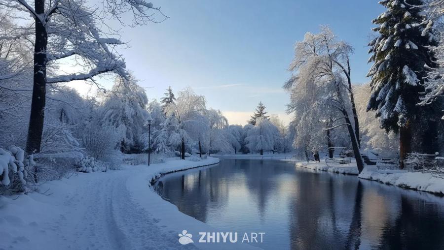 雪覆盖的树木和一条小径沿着平静的河流延伸。蓝色的天