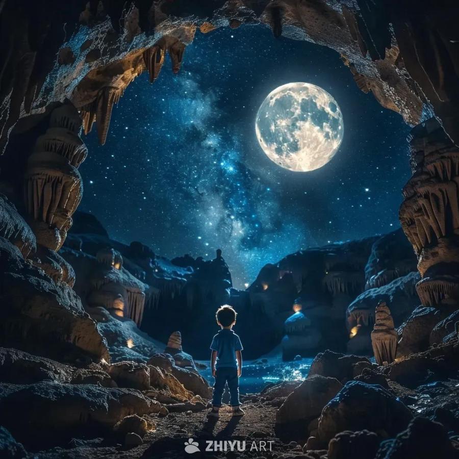 一个男孩站在洞穴口，仰望着夜空中的满月和繁星。洞穴