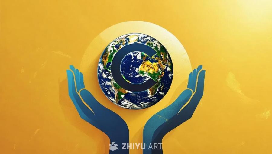 一个黑色的字母C环绕着蓝绿色地球，下方两只手掌交叠