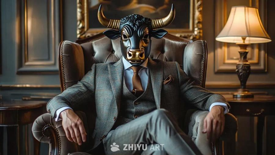 一个穿着西装的男人自信地坐在椅子上，戴着一个有角的