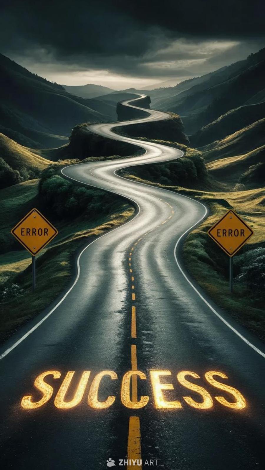 蜿蜒的道路上，每隔一段距离就有一个写着“Error
