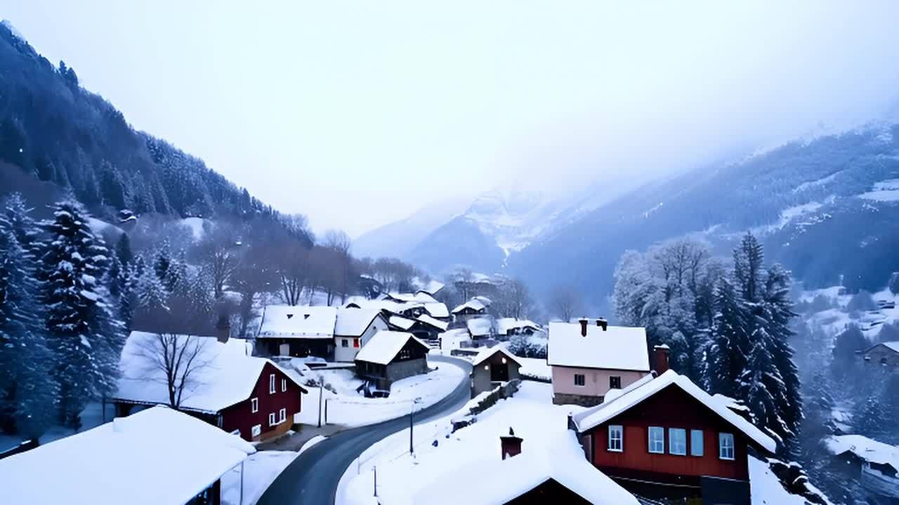 白雪皑皑的山村隐藏在谷底。雪花轻轻地飘落下来。摄像机缓慢地横扫过宁静而美丽的景象。冬日仙境，柔和的光线。