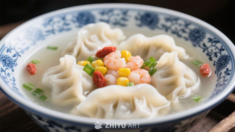 鲜美馄饨汤配虾仁玉米