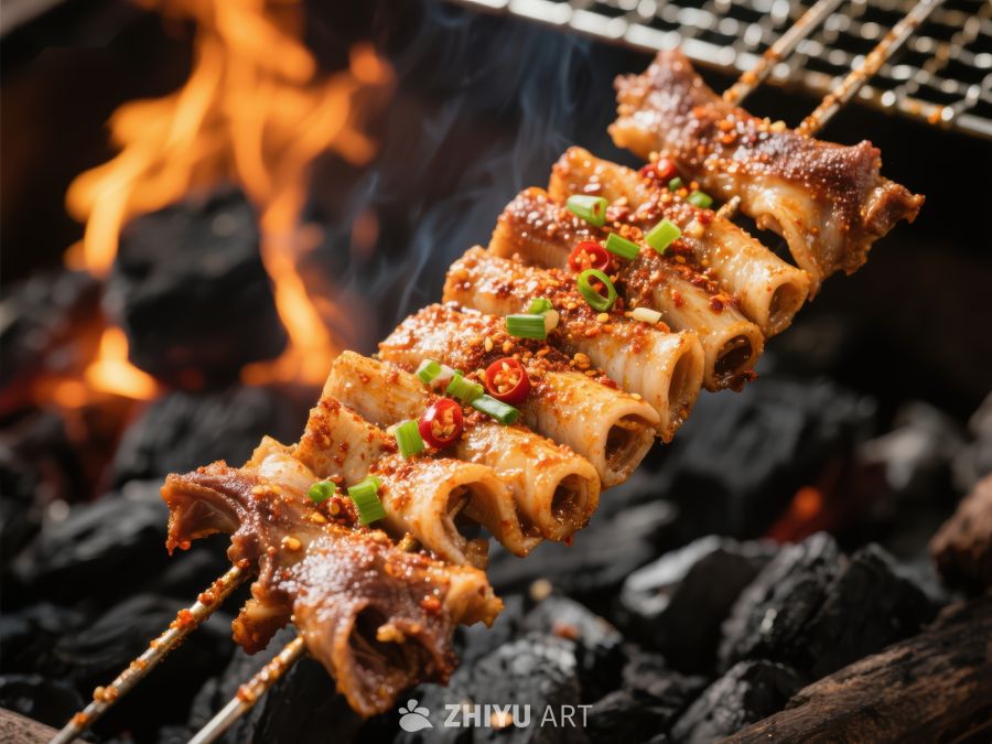 炭火烤串上的美味肉串