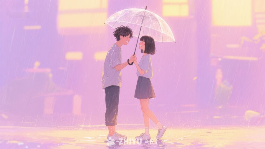 雨中伞下，两人相依 677