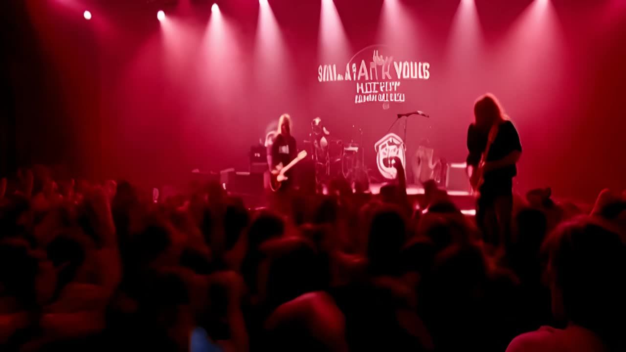 舞台上，几位乐手正在演奏，其中一人位于舞台中心，手