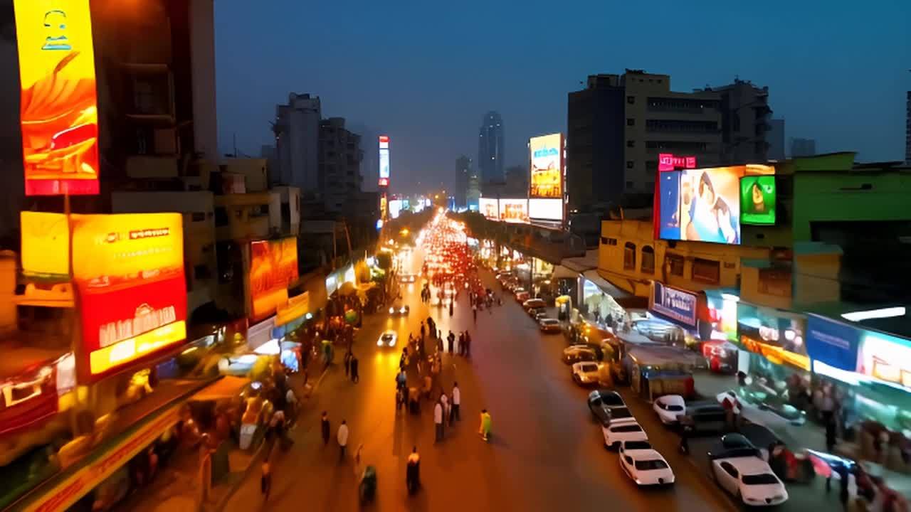 夜晚的城市街道上，车辆行驶，道路两旁有许多行人，其
