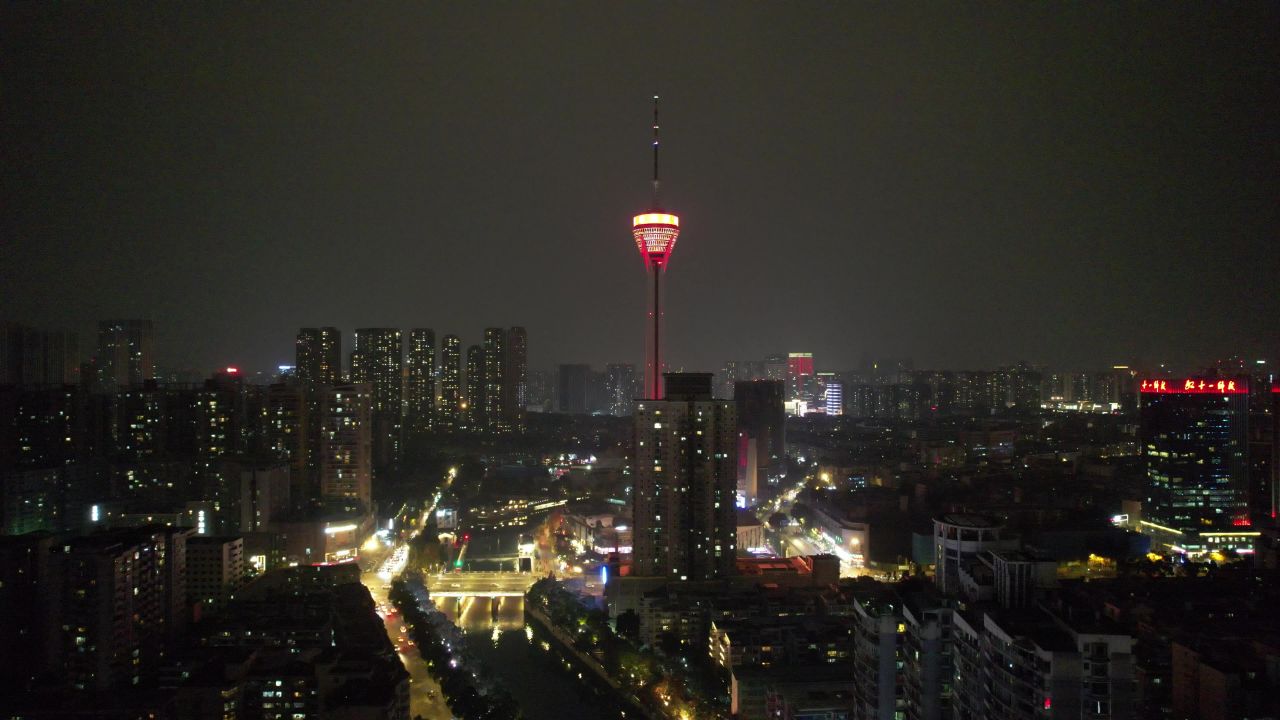 四川成都天府熊猫塔夜景灯光航拍 