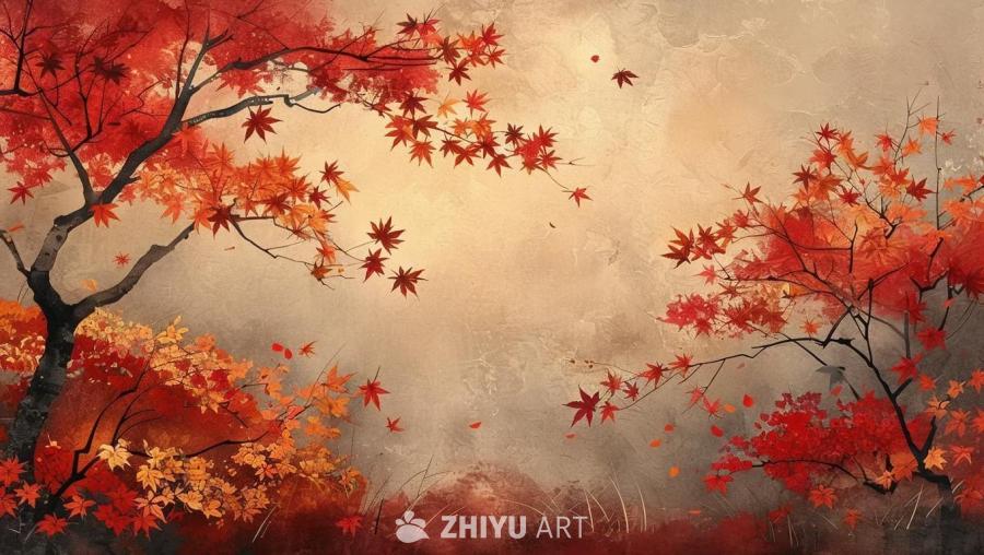 背景是秋天的景象，主要颜色是正红色，莫兰迪色系和柔