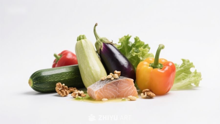 新鲜蔬菜与三文鱼食材组合
