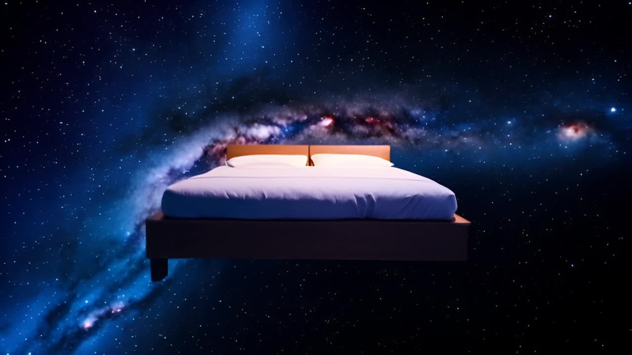 床铺漂浮在宁静的宇宙空间中，周围环绕着无数的星星和