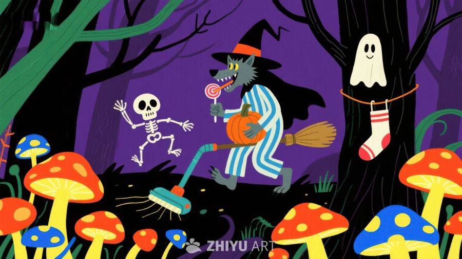万圣节森林中的欢乐幽灵与狼人