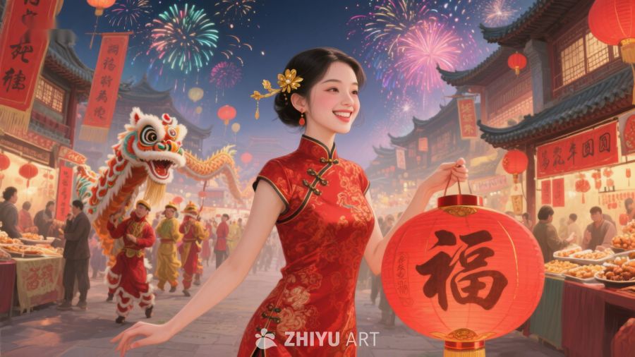 新春佳节，红衣女子手提灯笼 992