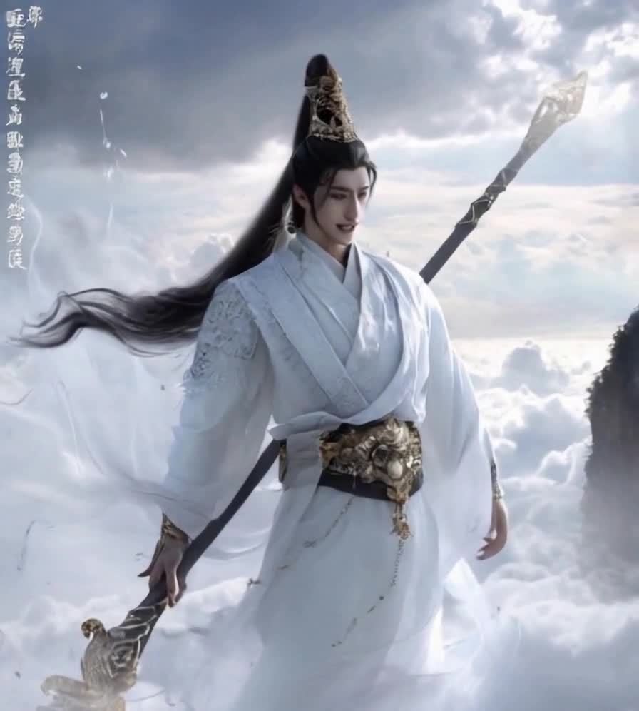 一个穿着白色长袍的男子站在云层之中，他头戴金色头饰