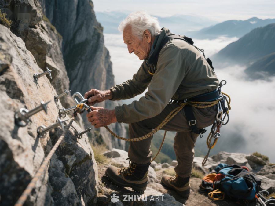 登山者在峭壁上固定安全绳 54