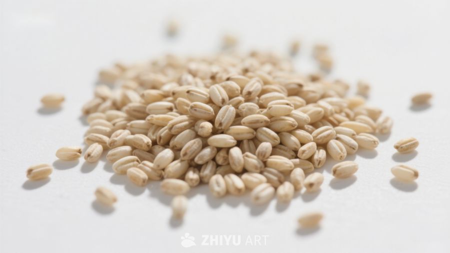 一堆浅色谷物散落在白色背景上