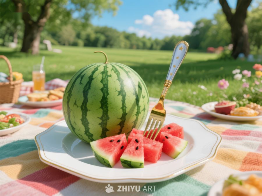 夏日野餐，西瓜切片与自然风光 615