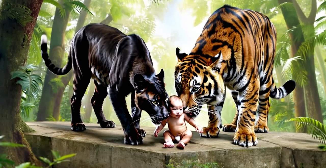 森林石台上幼童与黑豹老虎对视