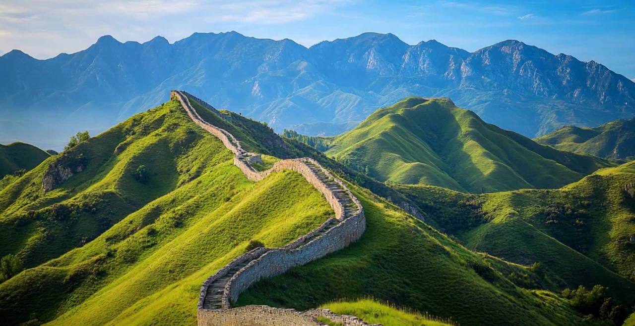 一条蜿蜒的长城盘踞在连绵起伏的绿色山丘上，远处的群