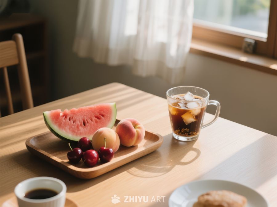 早餐桌上摆放的水果与饮品 708