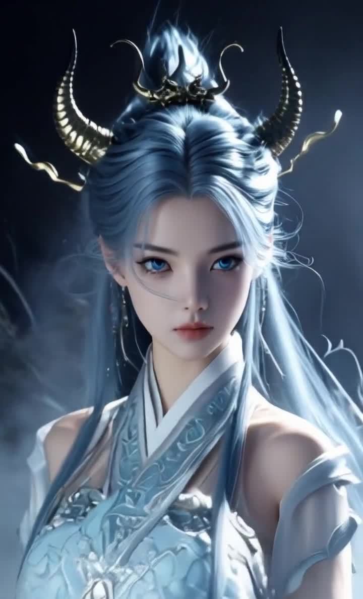 蓝发蓝眸仙女戴金角饰，白衣飘逸，雾气缭绕。