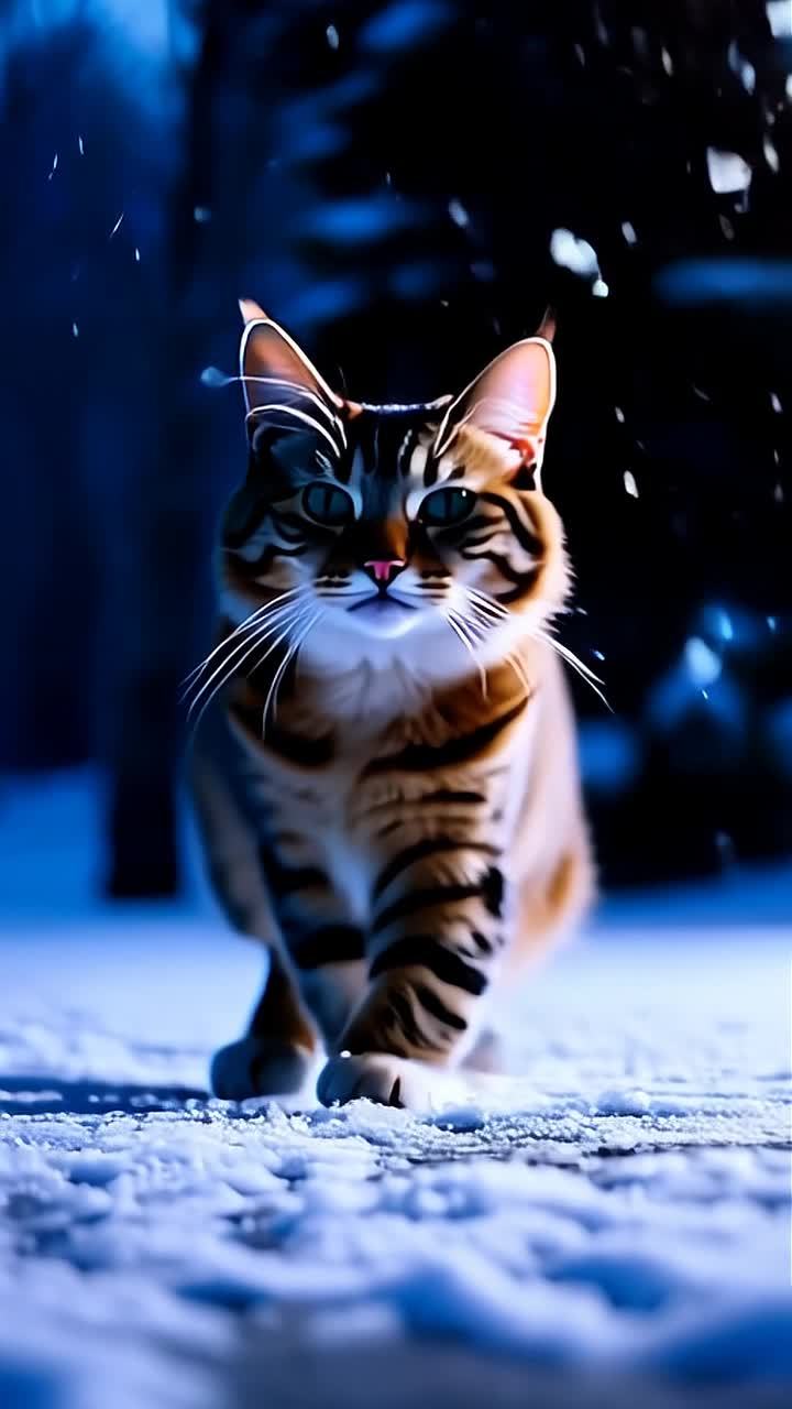 一只挪威森林猫在结霜的户外地面上行走。低角度拍摄，