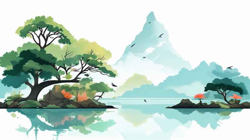 中国画园林植物水亭子插画 28