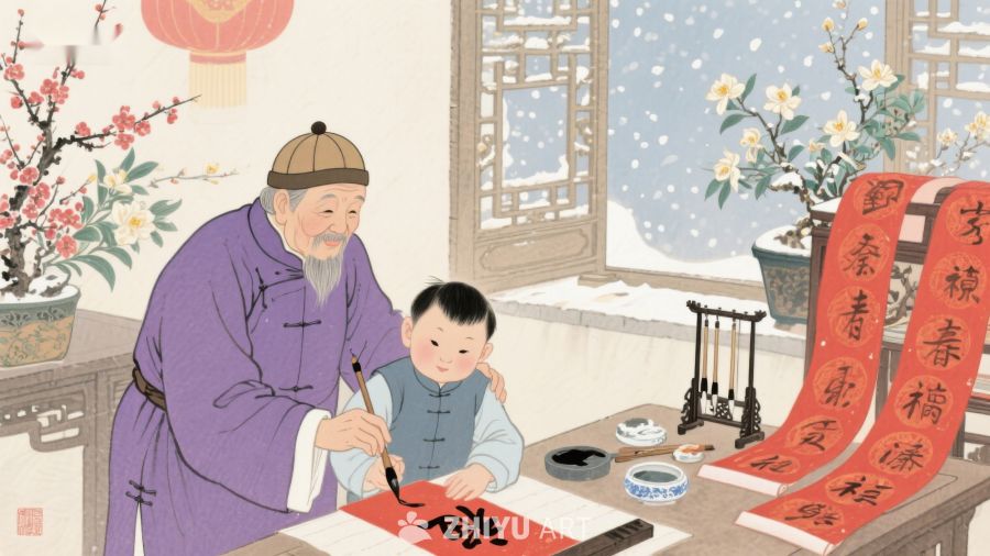 祖孙共写春联，喜迎新春 1287