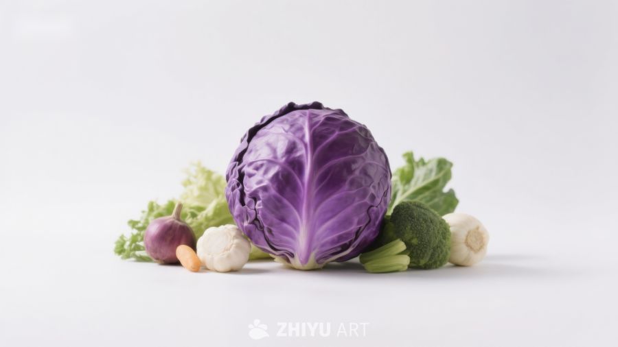 紫甘蓝与多种蔬菜静物展示
